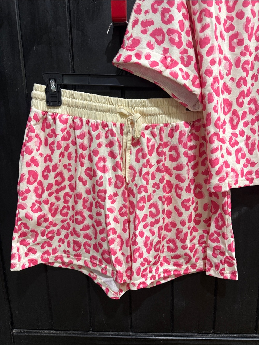 Women's Pink Leopard Print Short Pajama Set with Cream Trim - Picture 2 of 4
